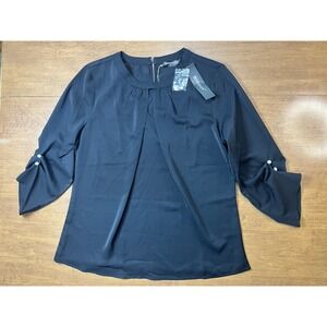 NWT Allegra K Women's Black Button Up 3/4 Sleeve w/ Pearl Buttons Size Medium